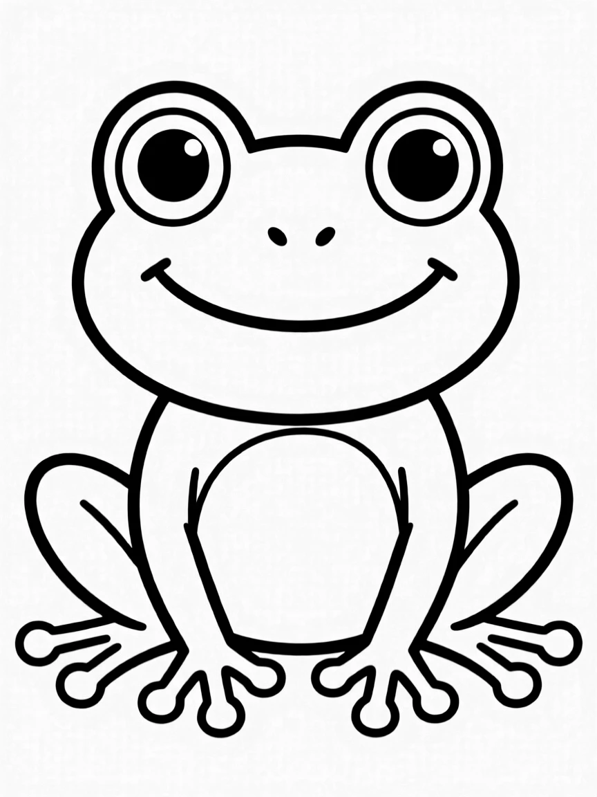 F – Frog: A happy green frog with big round eyes, sitting forward.