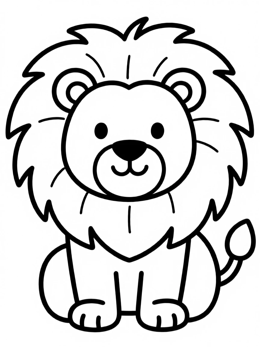 L – Lion: A cute cartoon lion with a big fluffy brown mane.