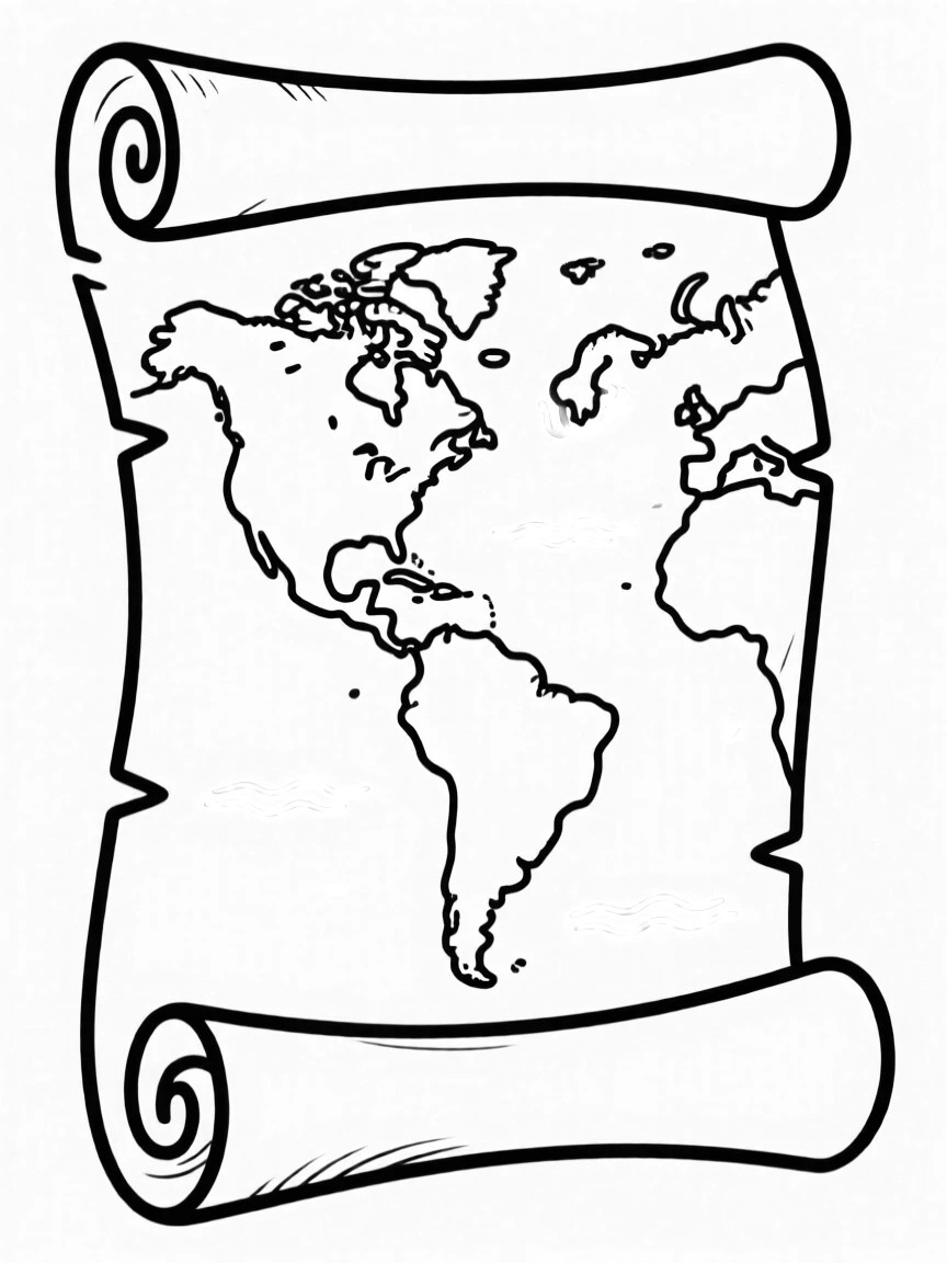 M – Map: A rolled parchment map with green land and blue sea marked.