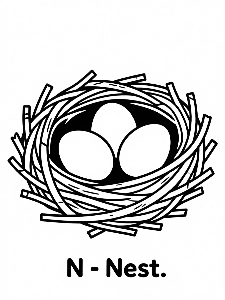 N – Nest: A small brown nest with three light blue eggs.