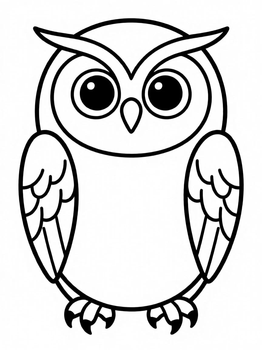 O – Owl: A round orange owl with big blue eyes sitting forward.