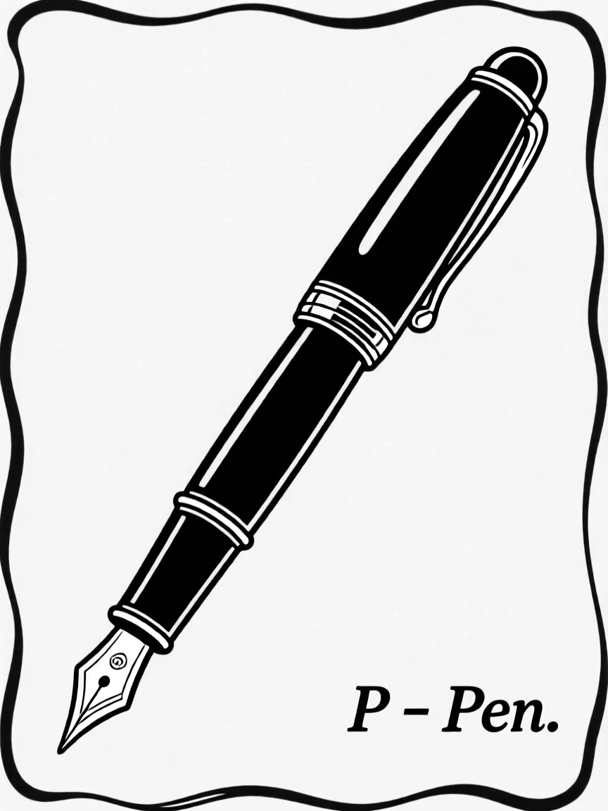 "P – Pen": A black fountain pen with a gold nib.
