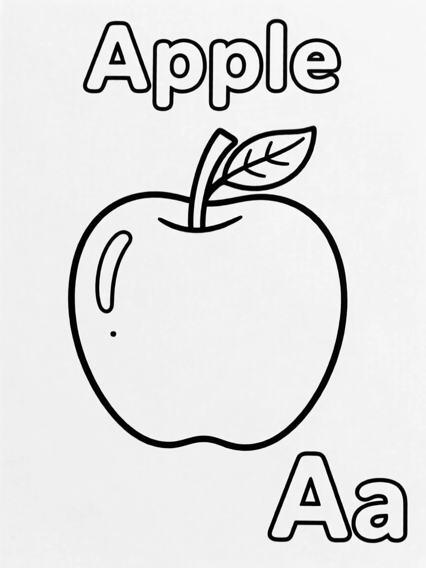 An apple in the center, letter "Apple" on the top, and big letter "Aa" at the bottom right corner.