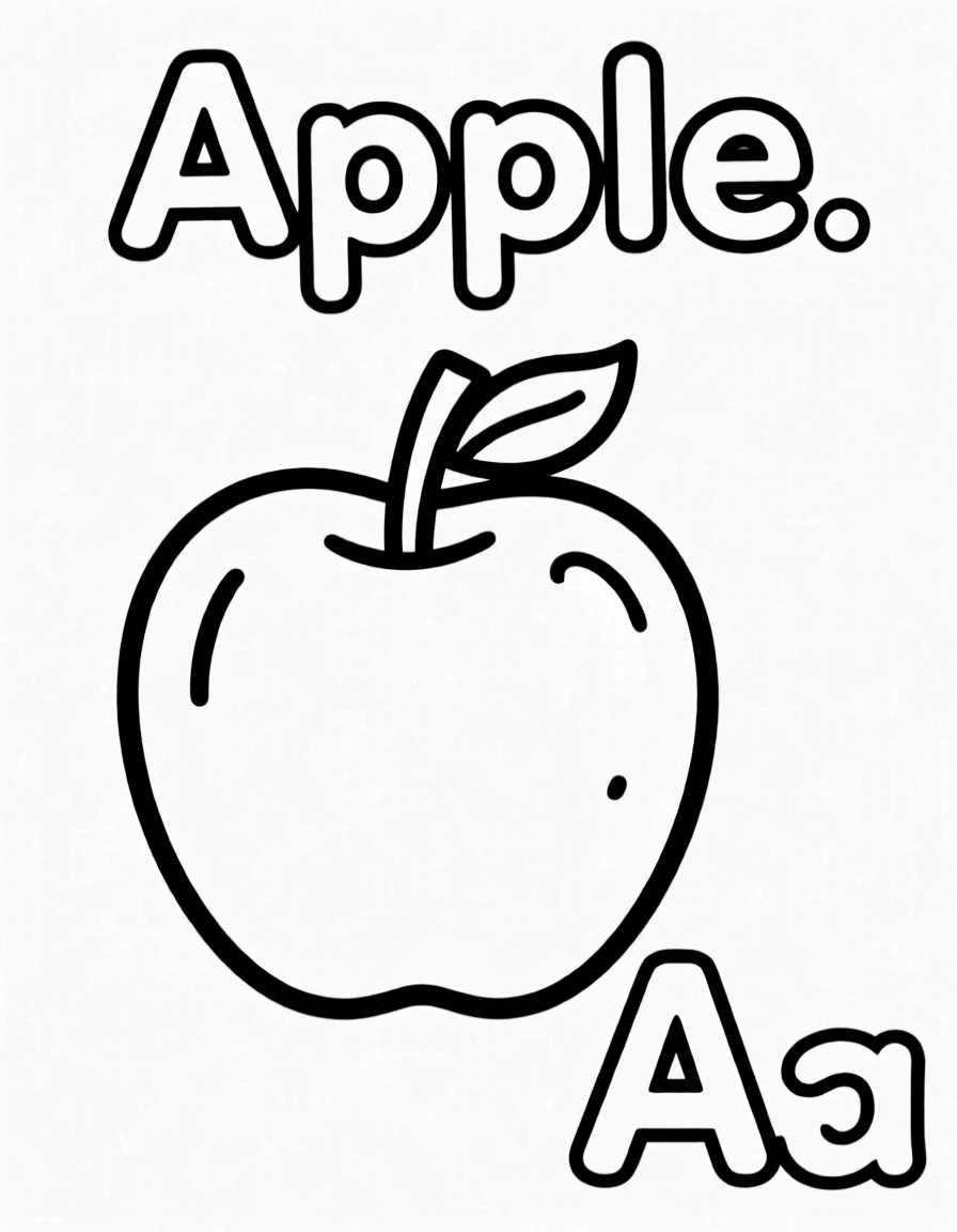 An apple in the center, the word "Apple" on the top, and big letter "Aa" at the bottom right corner.
