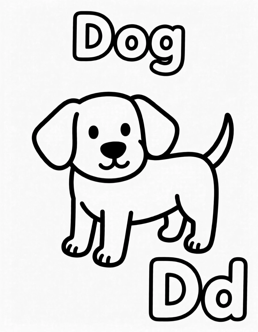 A dog in the center, the word "Dog" on the top, and big letter "Dd" at the bottom right corner.