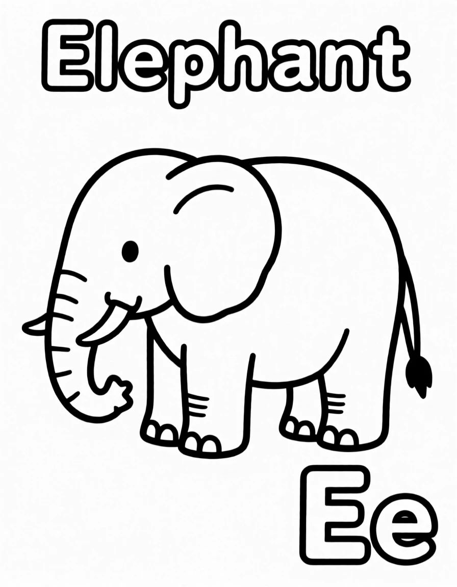 An elephant in the center, the word "Elephant" on the top, and big letter "Ee" at the bottom right corner.