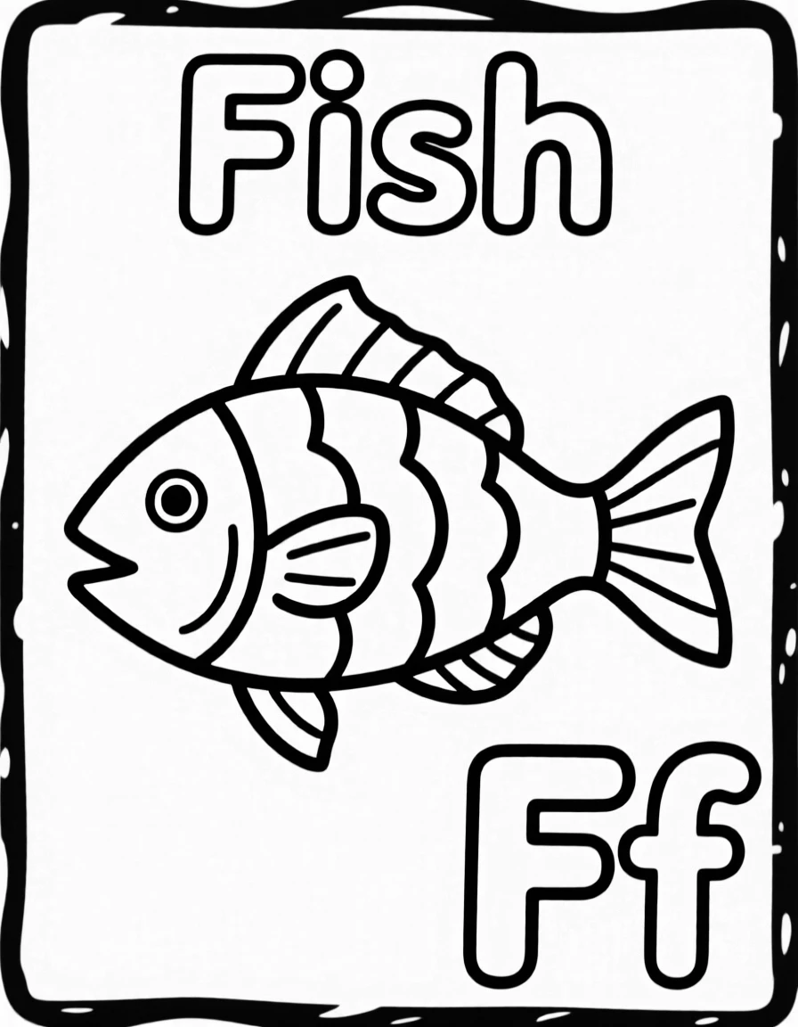 A fish in the center, the word "Fish" on the top, and big letter "Ff" at the bottom right corner.