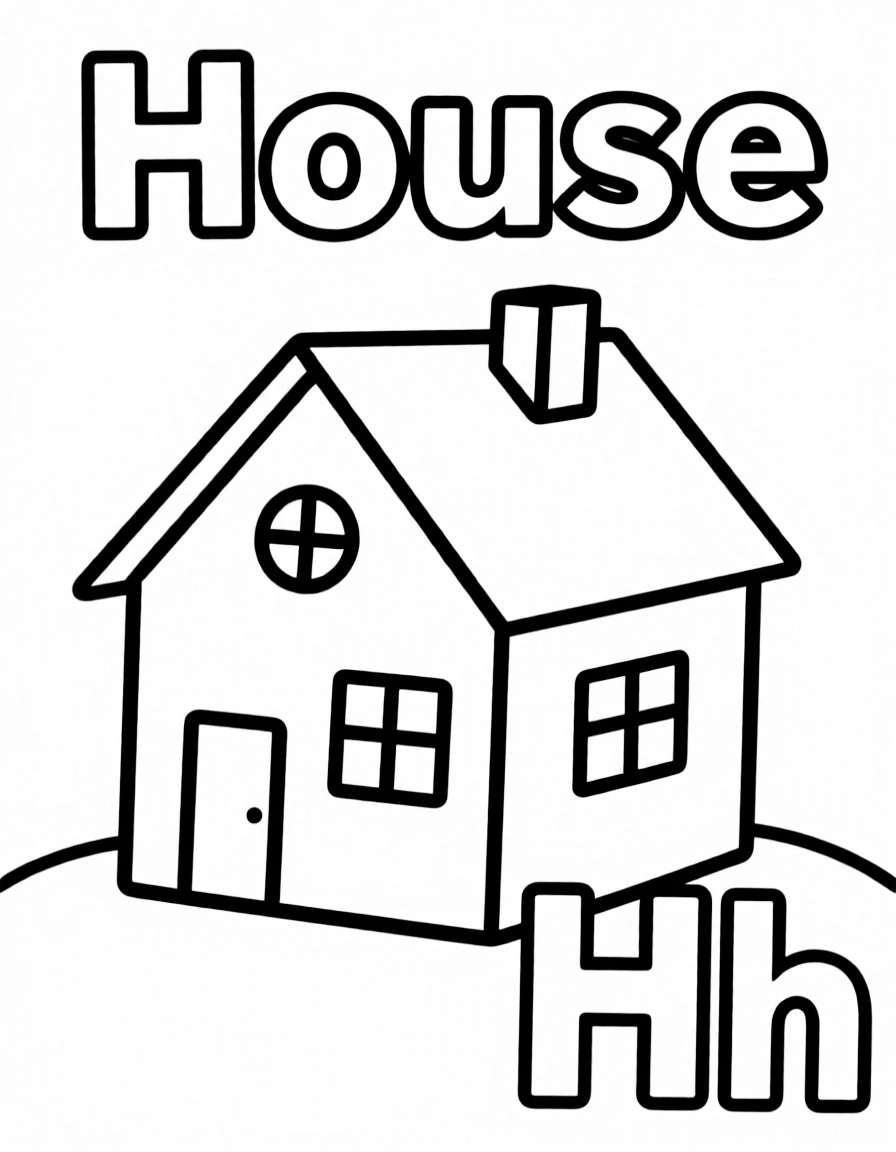 A house in the center, the word "House" on the top, and big letter "Hh" at the bottom right corner.