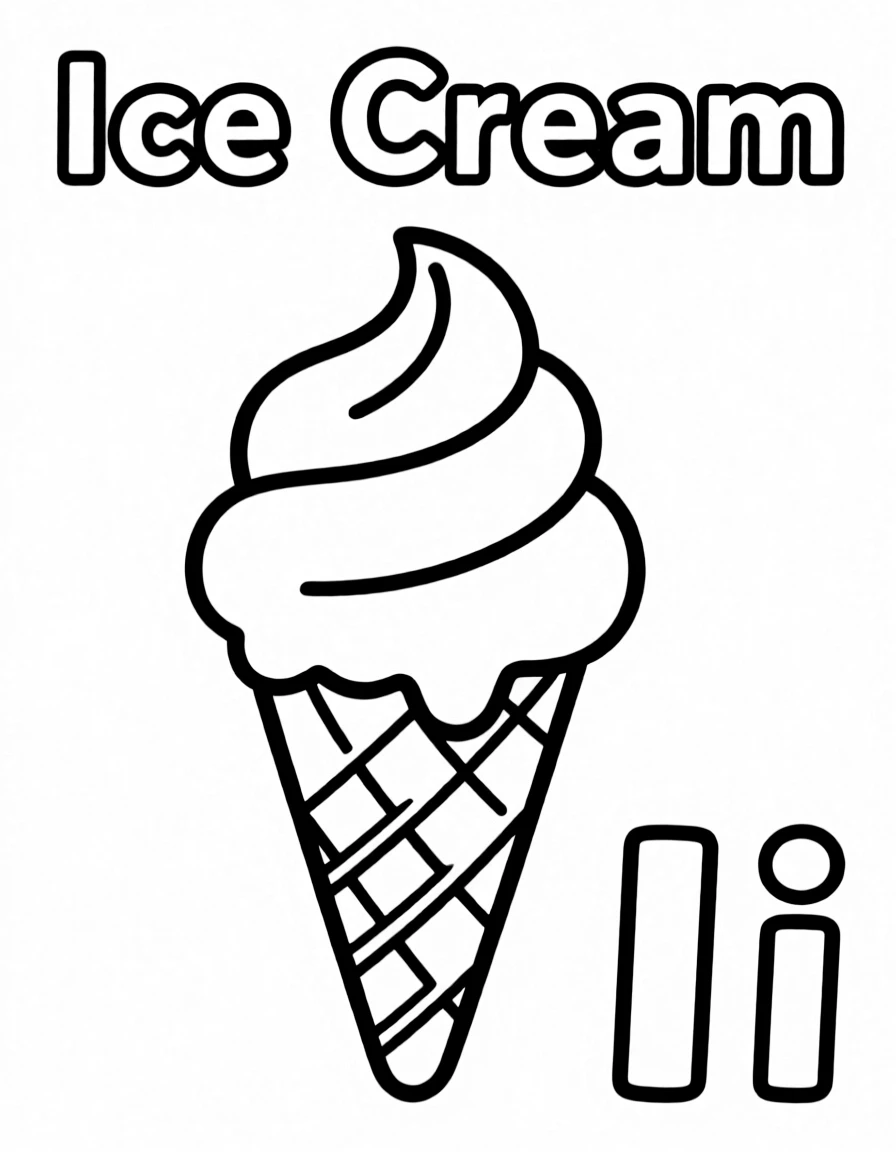 An ice cream in the center, the word "Ice Cream" on the top, and big letter "Ii" at the bottom right corner.