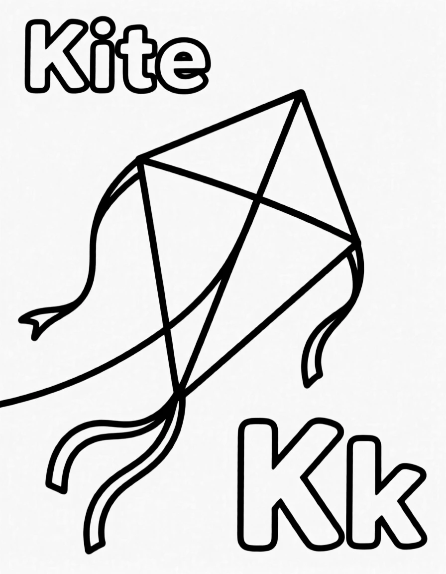 A kite in the center, the word "Kite" on the top, and big letter "Kk" at the bottom right corner.
