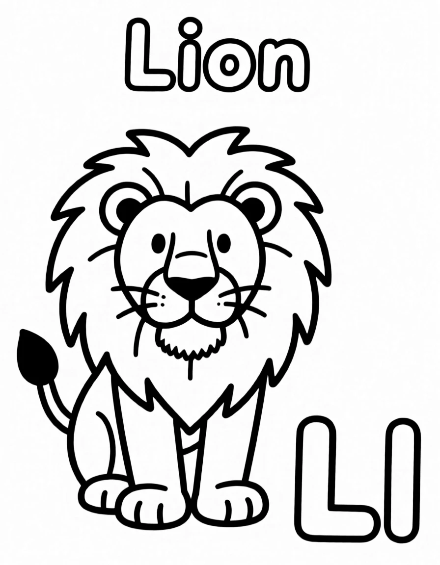 A lion in the center, the word "Lion" on the top, and big letter "Ll" at the bottom right corner.