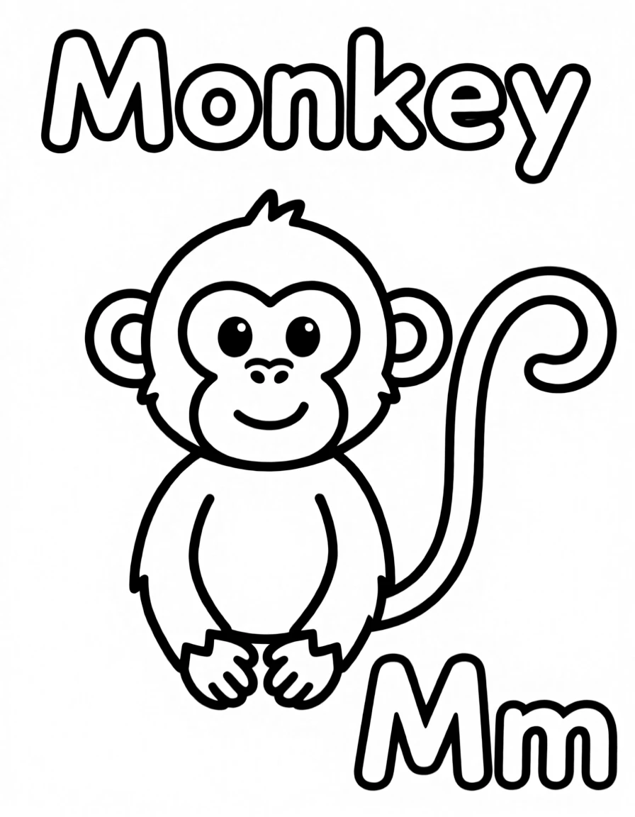 A monkey in the center, the word "Monkey" on the top, and big letter "Mm" at the bottom right corner.