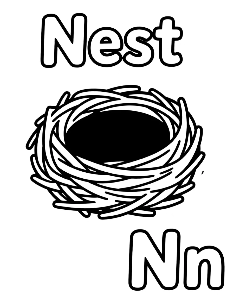 A nest in the center, the word "Nest" on the top, and big letter "Nn" at the bottom right corner.