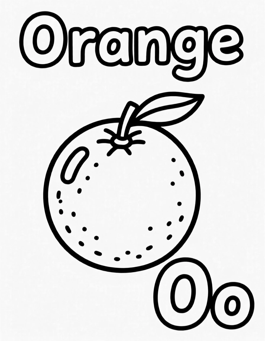 An orange in the center, the word "Orange" on the top, and big letter "Oo" at the bottom right corner.