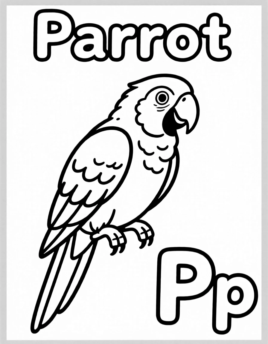 A parrot in the center, the word "Parrot" on the top, and big letter "Pp" at the bottom right corner.