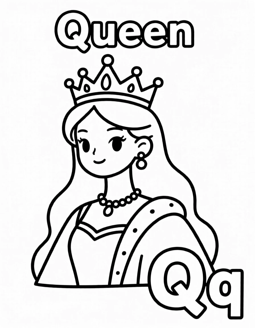 A queen in the center, the word "Queen" on the top, and big letter "Qq" at the bottom right corner.