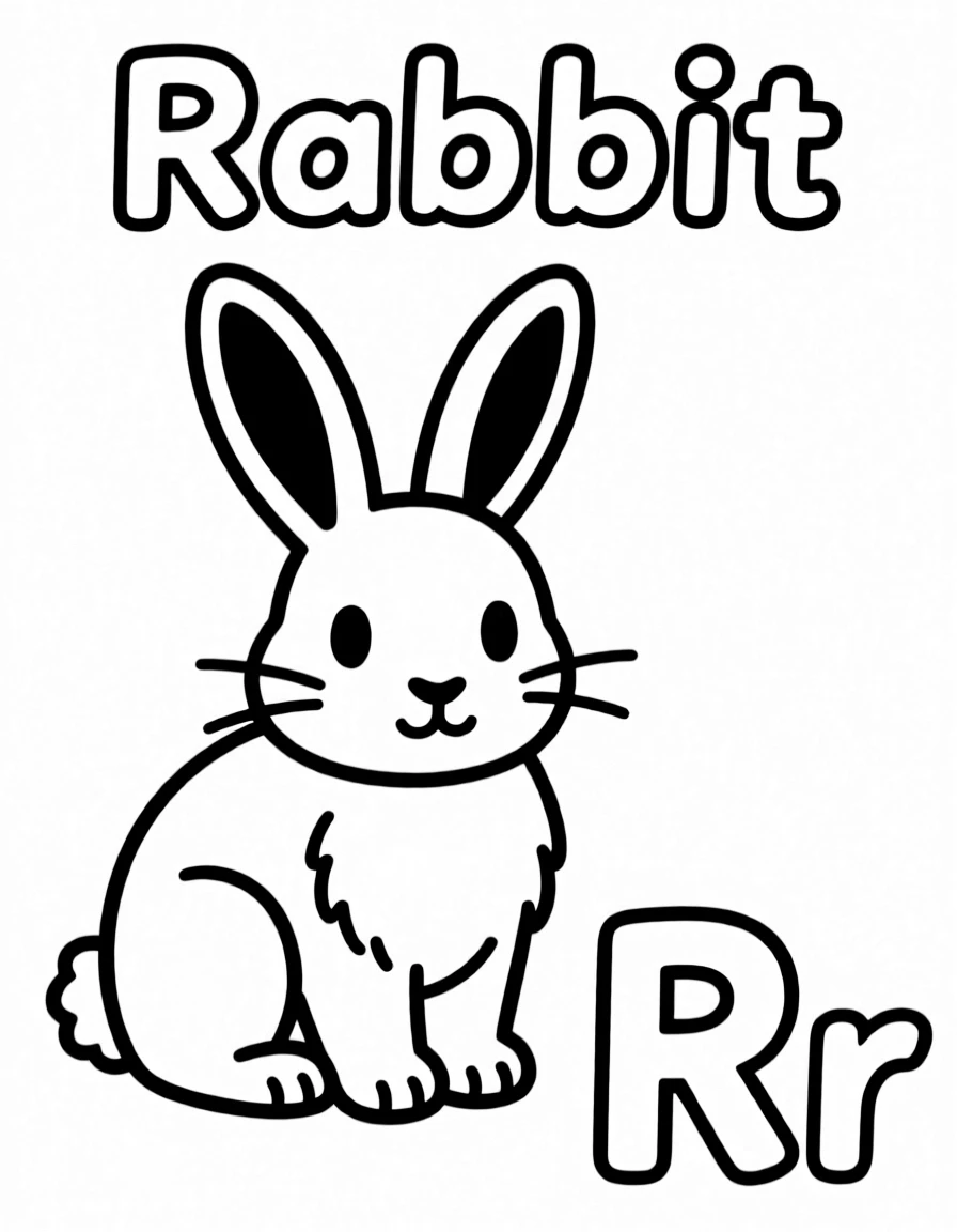 A rabbit in the center, the word "Rabbit" on the top, and big letter "Rr" at the bottom right corner.