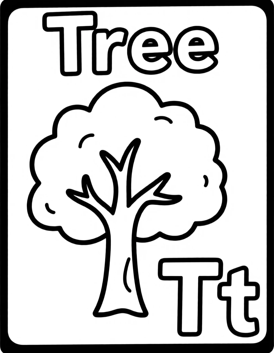 A tree in the center, the word "Tree" on the top, and big letter "Tt" at the bottom right corner.