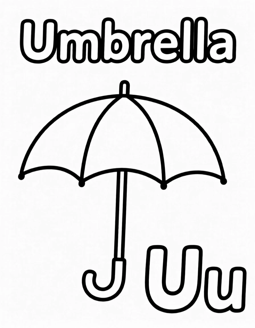 An umbrella in the center, the word "Umbrella" on the top, and big letter "Uu" at the bottom right corner.