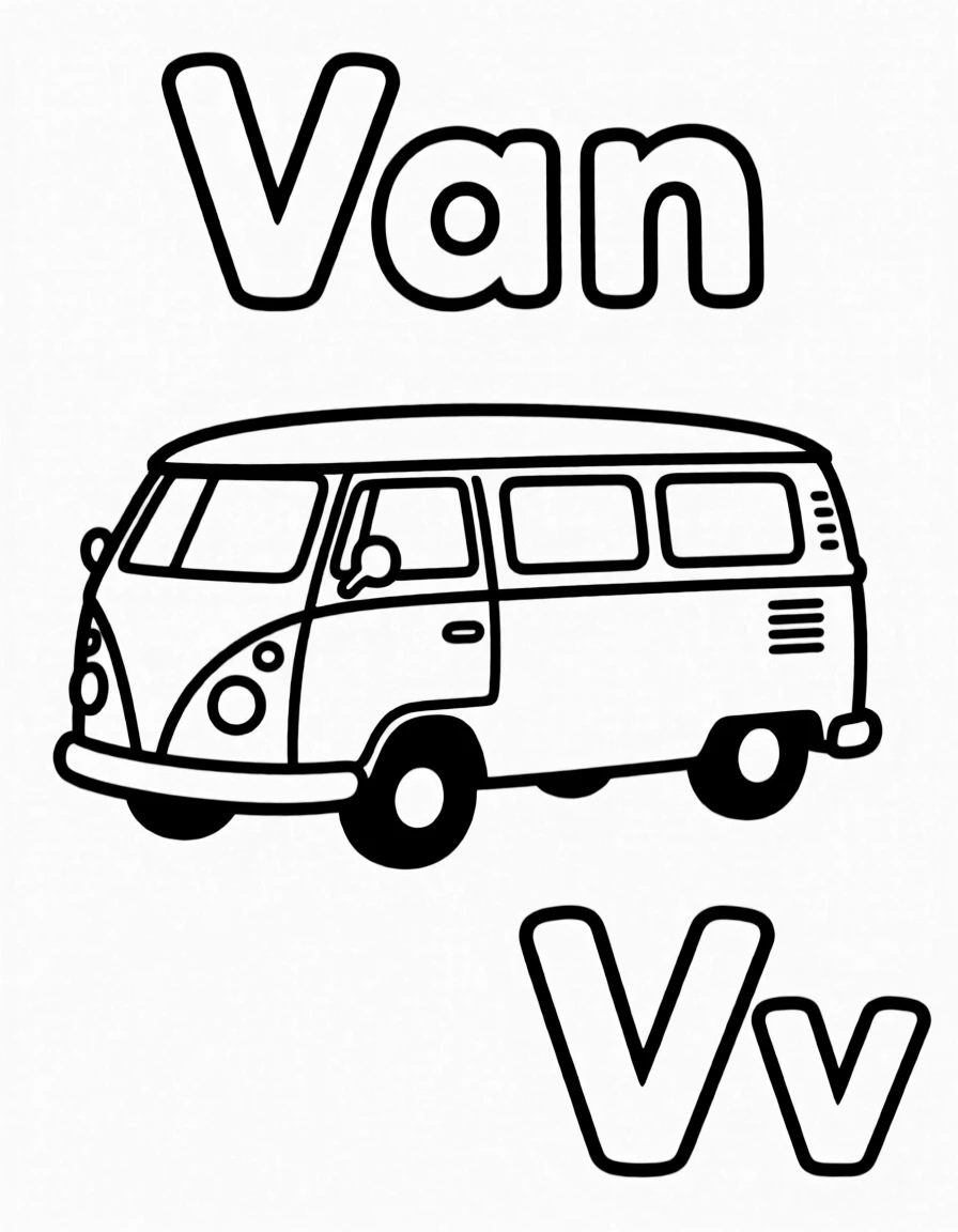 A van in the center, the word "Van" on the top, and big letter "Vv" at the bottom right corner.