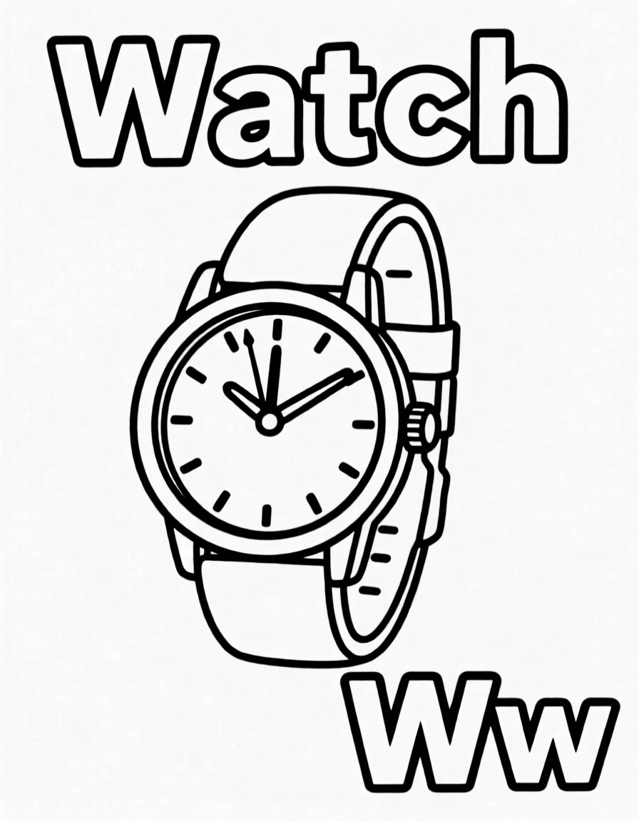 A watch in the center, the word "Watch" on the top, and big letter "Ww" at the bottom right corner.