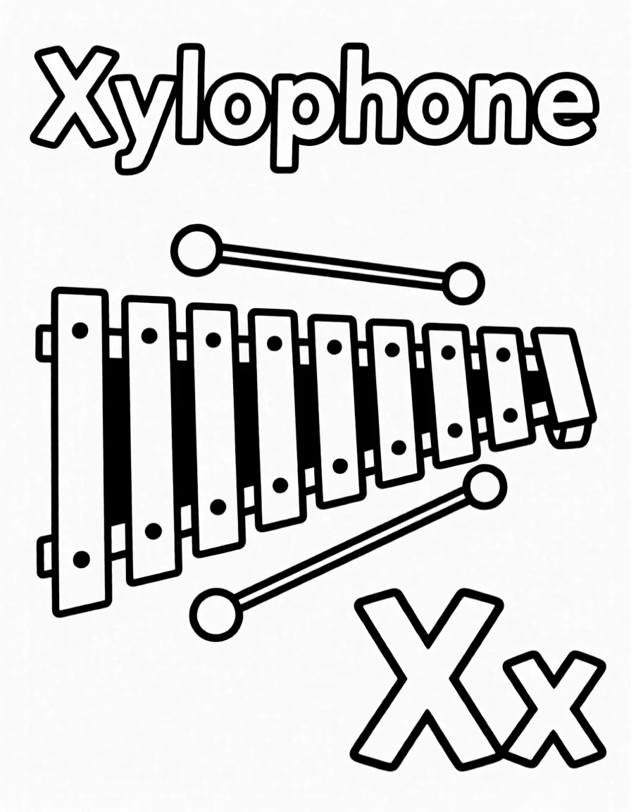 An xylophone in the center, the word "Xylophone" on the top, and big letter "Xx" at the bottom right corner.