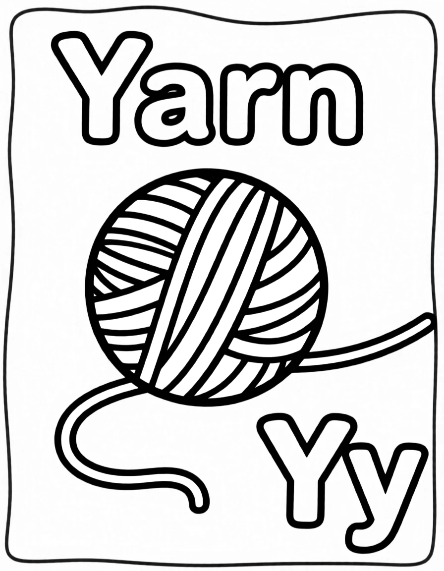 A yellow yarn ball in the center, the word "Yarn" on the top, and big letter "Yy" at the bottom right corner.