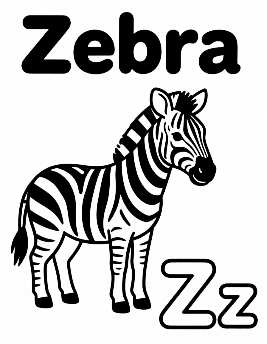 A zebra in the center, the word "Zebra" on the top, and big letter "Zz" at the bottom right corner.