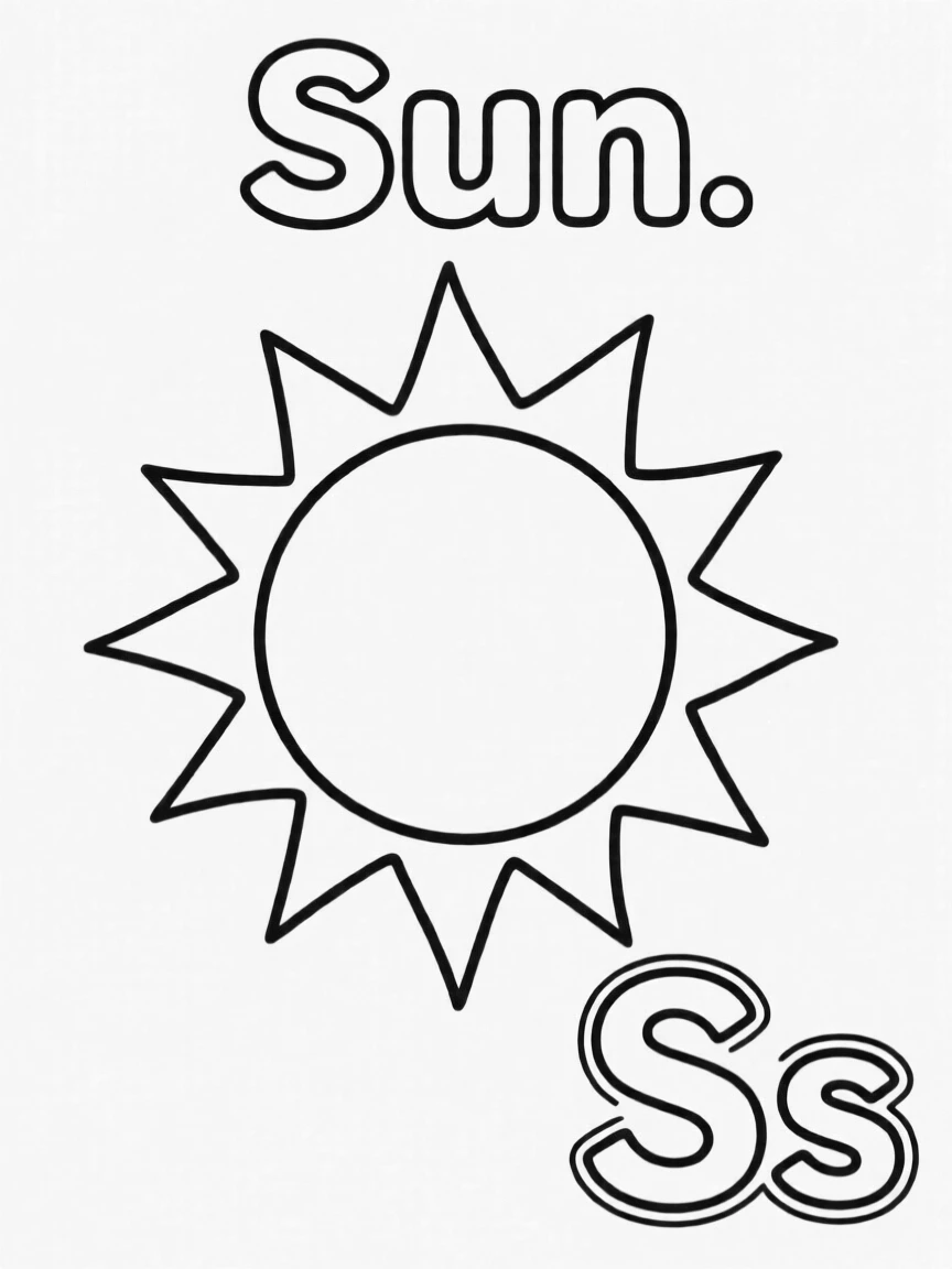 A sun in the center, the word "Sun" on the top, and big letter "Ss" at the bottom right corner.