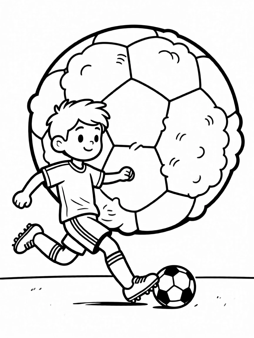 A tiny soccer player kicking a gigantic, fluffy soccer ball.