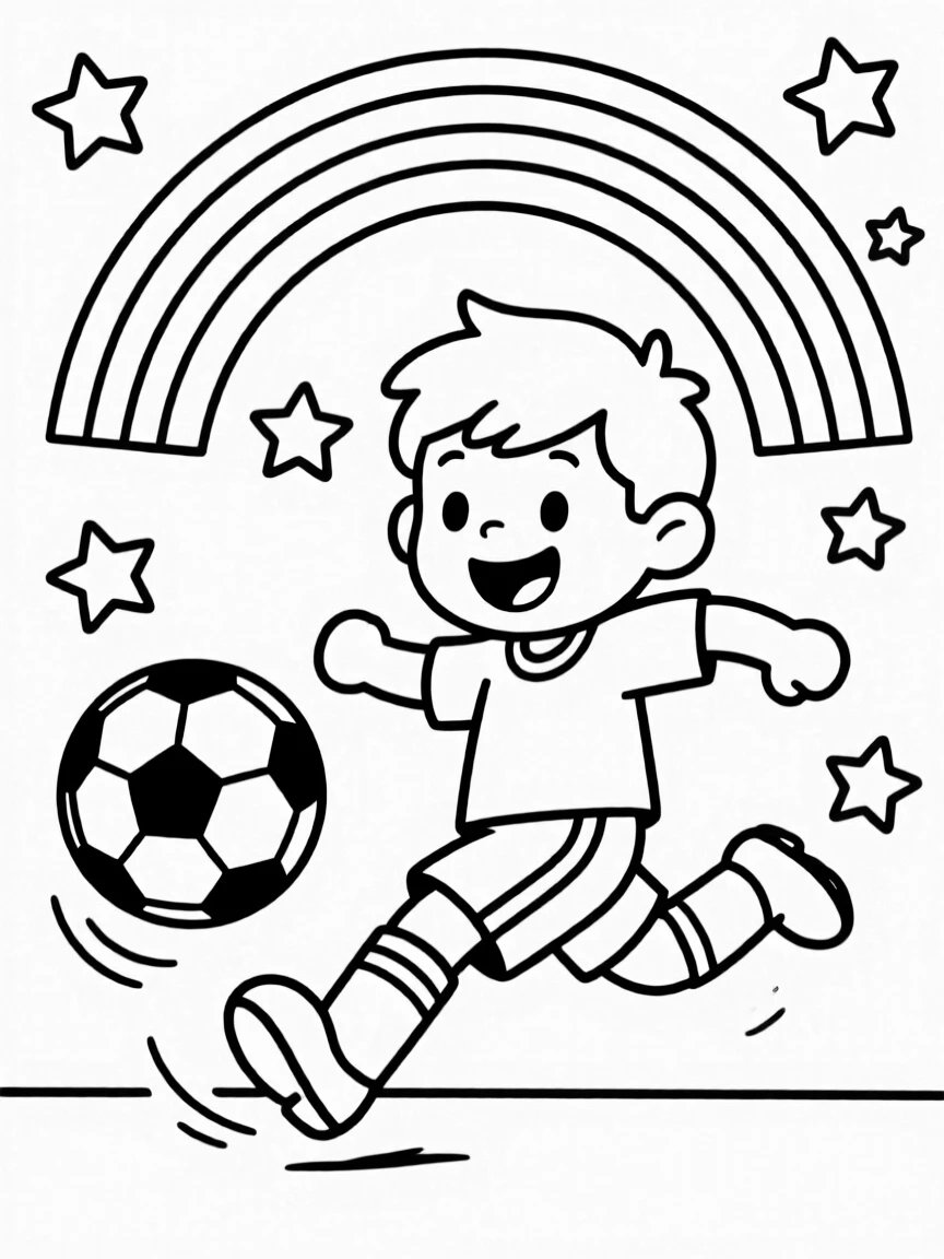 A happy little soccer player kicking a soccer ball, with stars and a rainbow in the background.