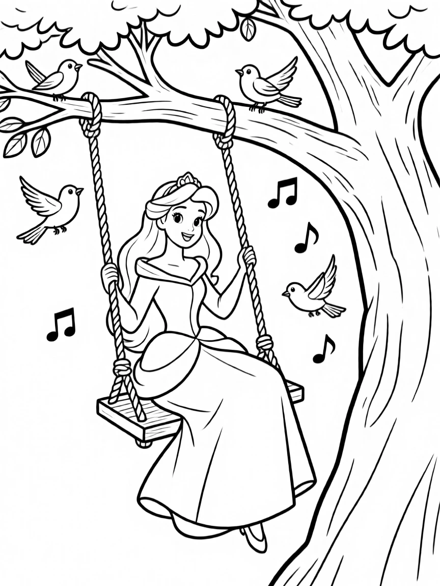 A Disney princess on a swing, high up in a tree, with singing birds.