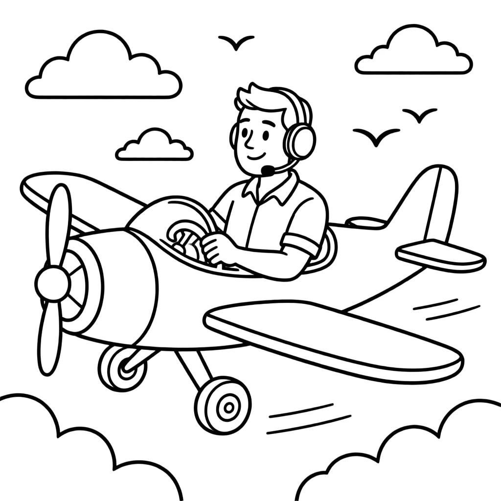 coloring page of a man flying an airplane.