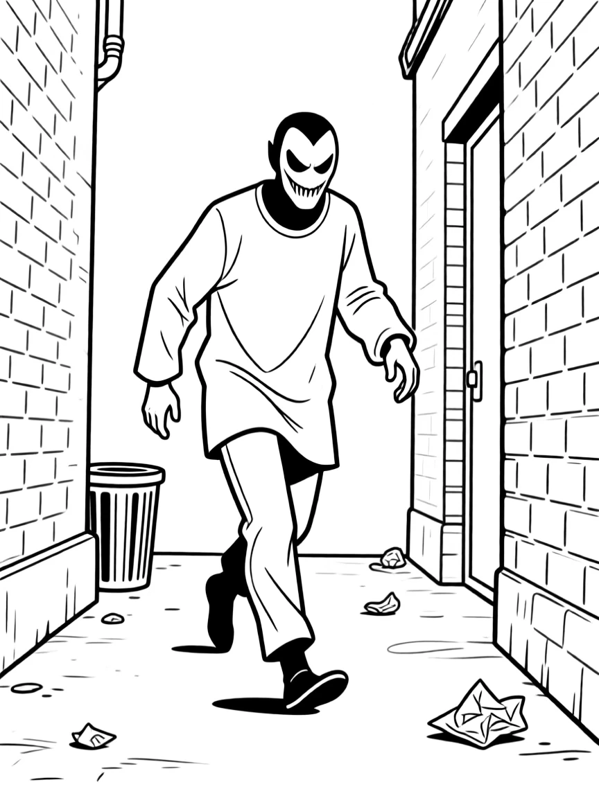 A masked villain tiptoeing through a dark alley