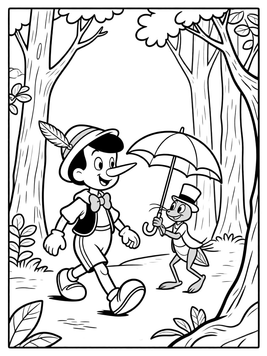 Pinocchio and Jiminy Cricket walking through a dark forest.