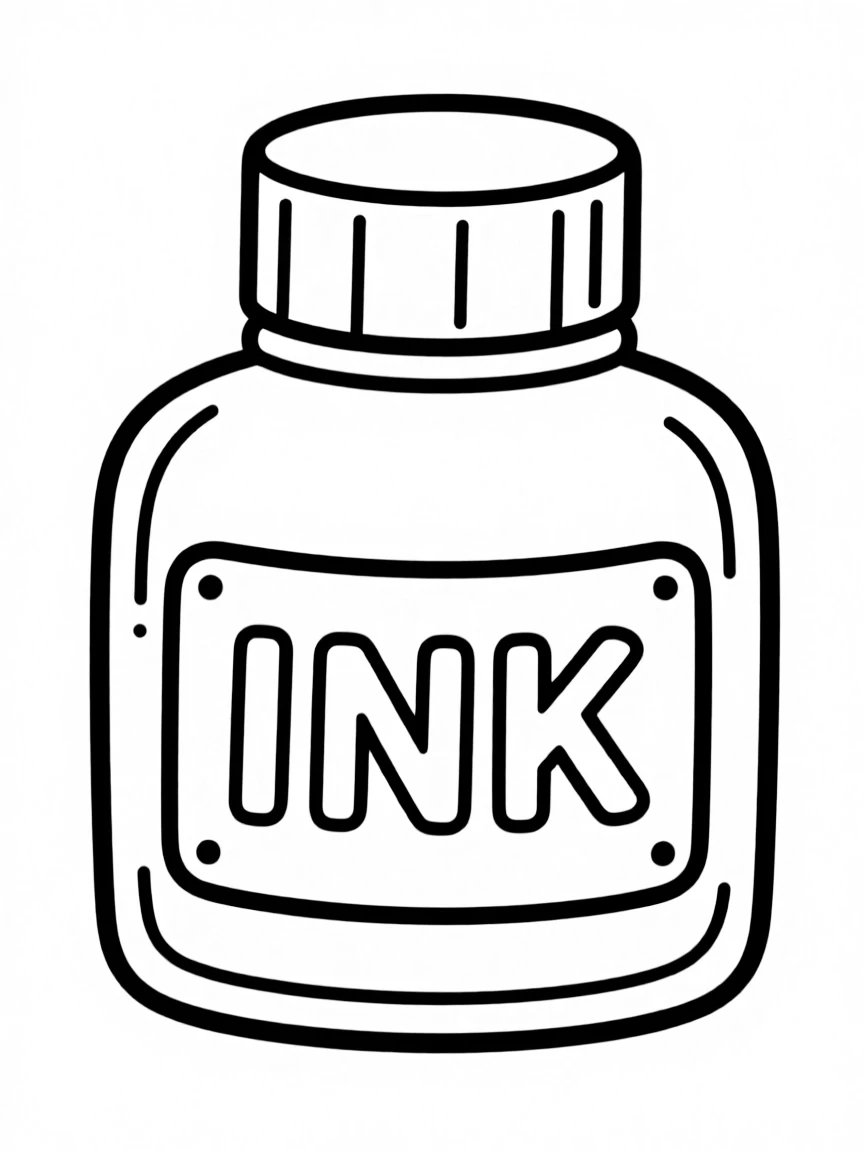 I – Ink: A gray-black ink bottle labeled “INK” in bold letters.