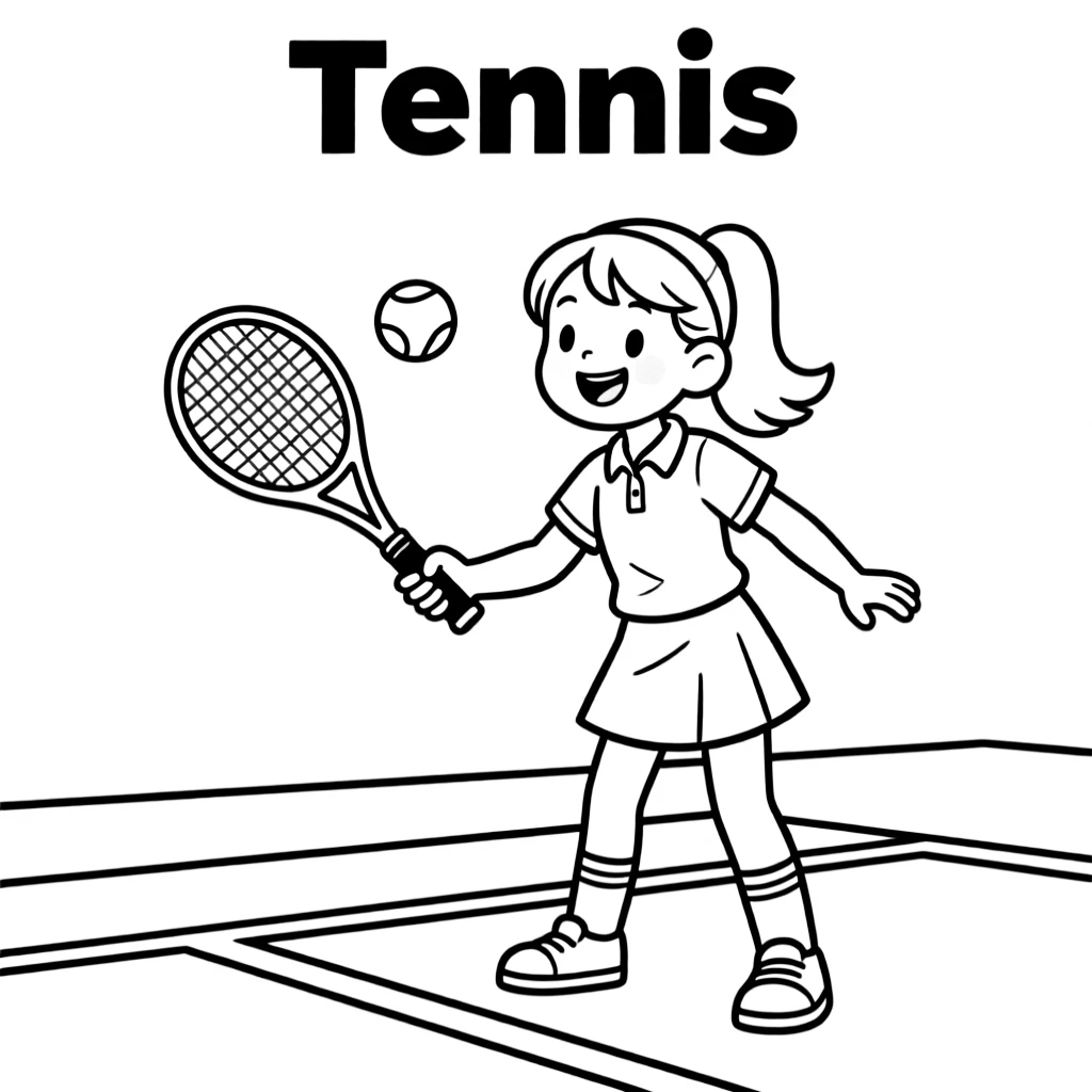 A girl is playing tennis. Text "Tennis" on the top.