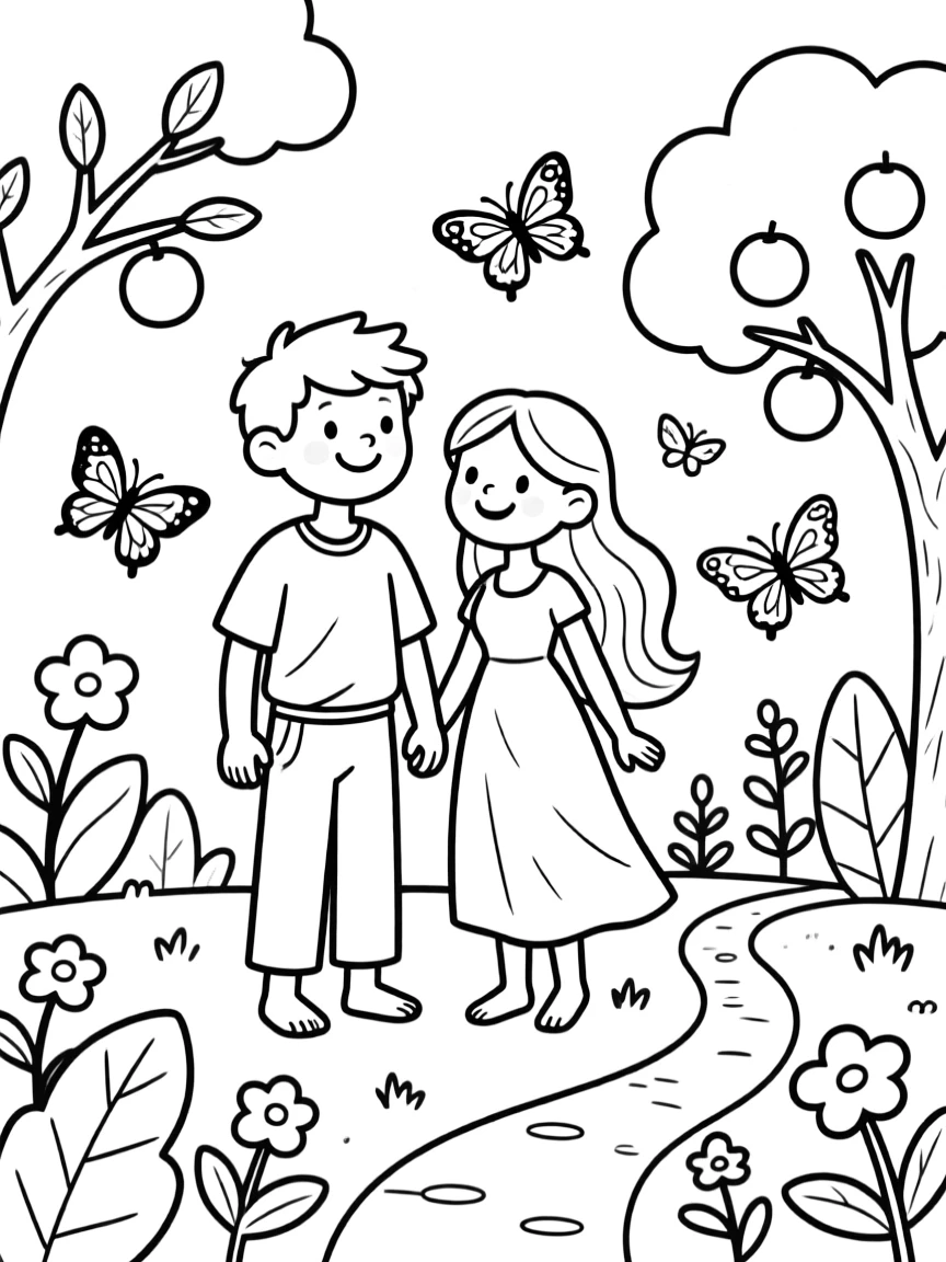 Adam and Eve in the garden, with colorful butterflies.