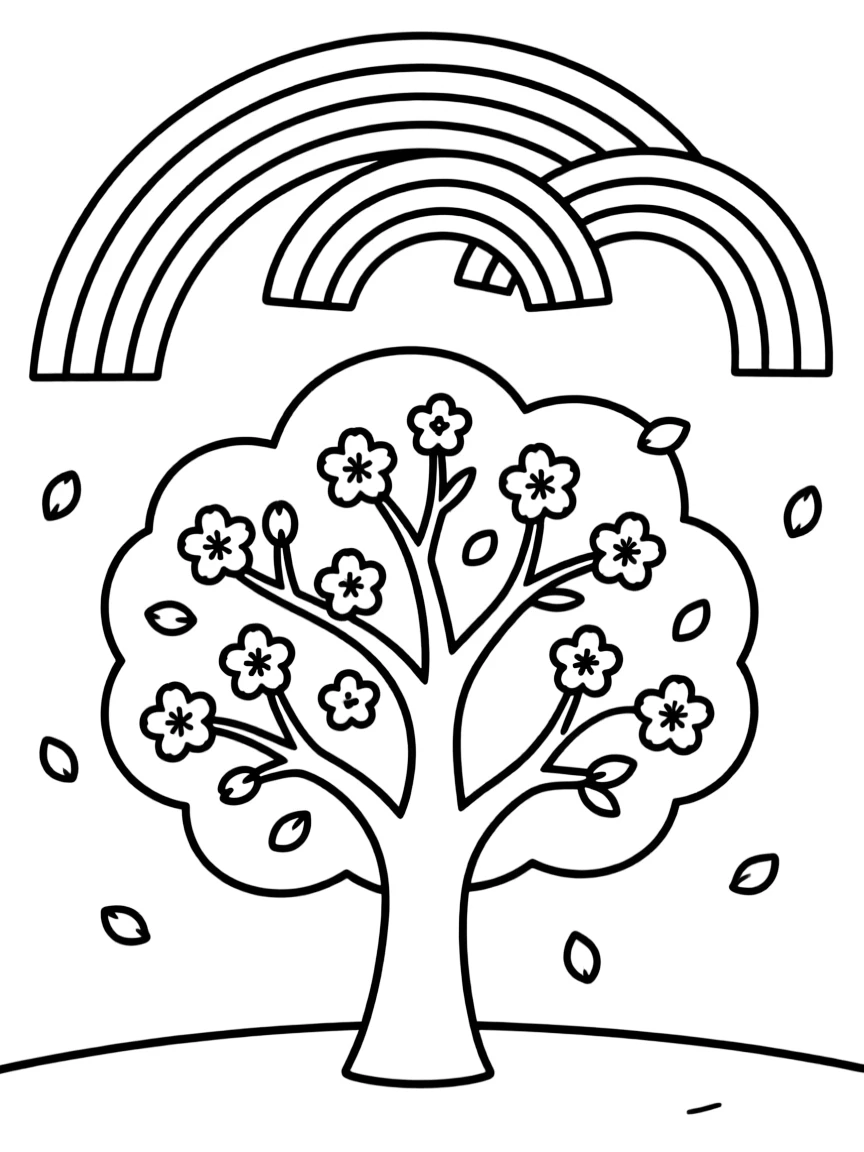 A cherry blossom tree with falling petals under a rainbow under a rainbow under a rainbow