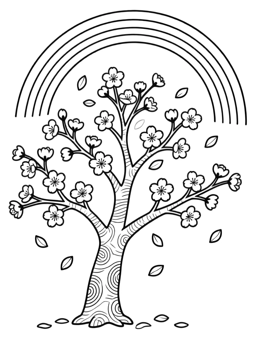 A cherry blossom tree with falling petals under a rainbow