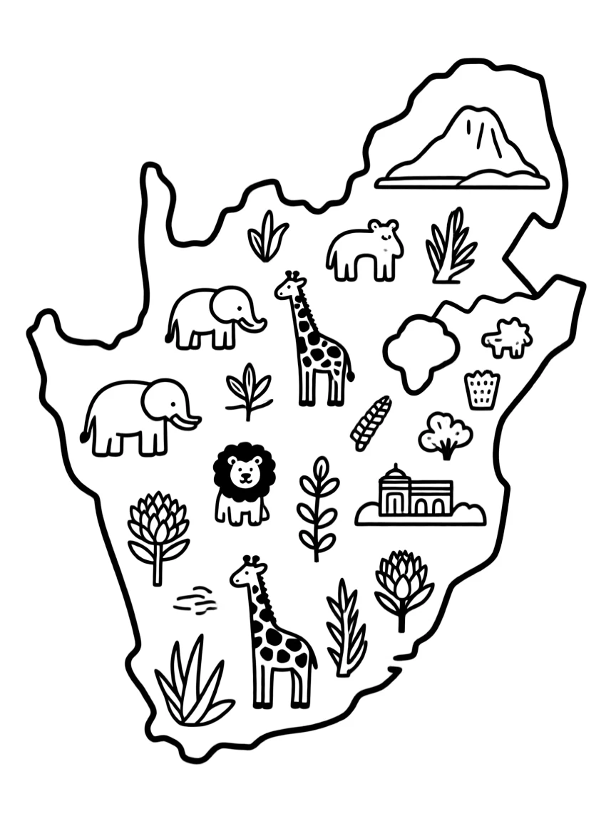 (South Africa) An outline map of South Africa filled with tiny drawings of animals, plants, and landmarks.