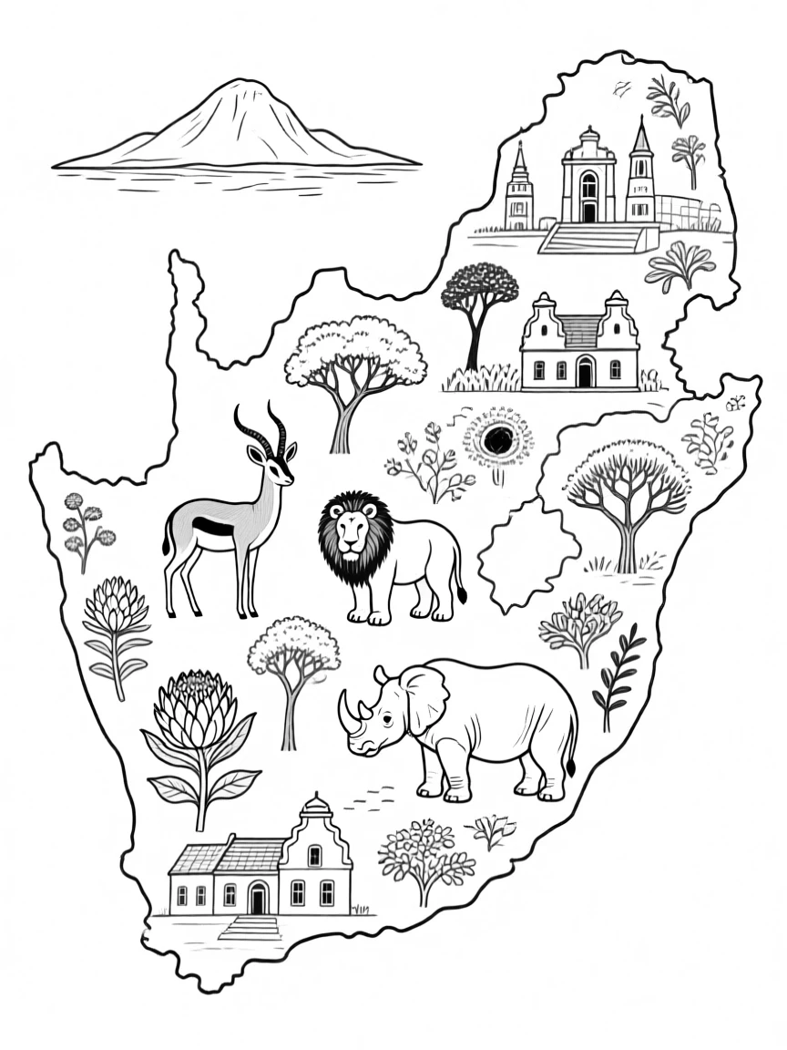 (South Africa) An outline map of South Africa filled with tiny drawings of animals, plants, and landmarks.