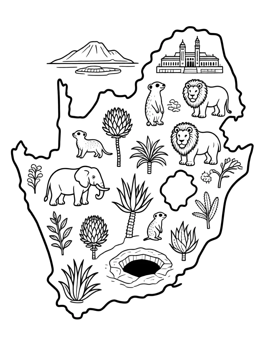(South Africa) An outline map of South Africa filled with tiny drawings of animals, plants, and landmarks.