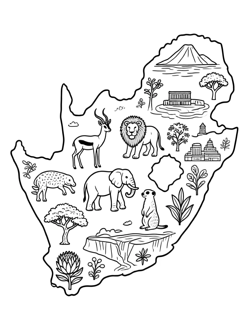 (South Africa) An outline map of South Africa filled with tiny drawings of animals, plants, and landmarks.