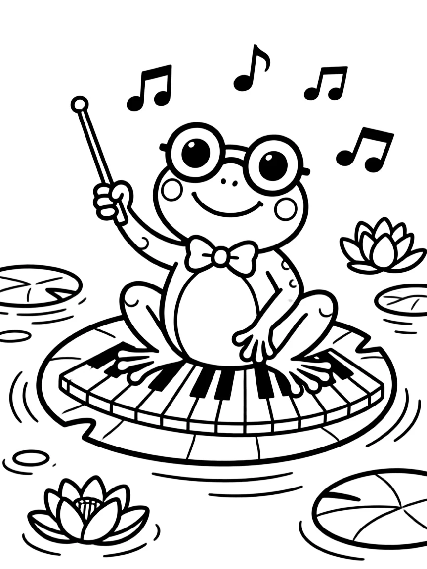 A frog composer on a lily pad piano