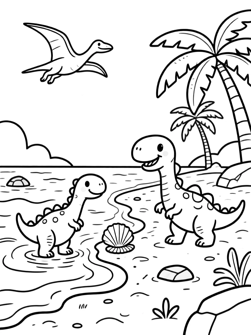 Prehistoric beachside scene with dinosaurs
