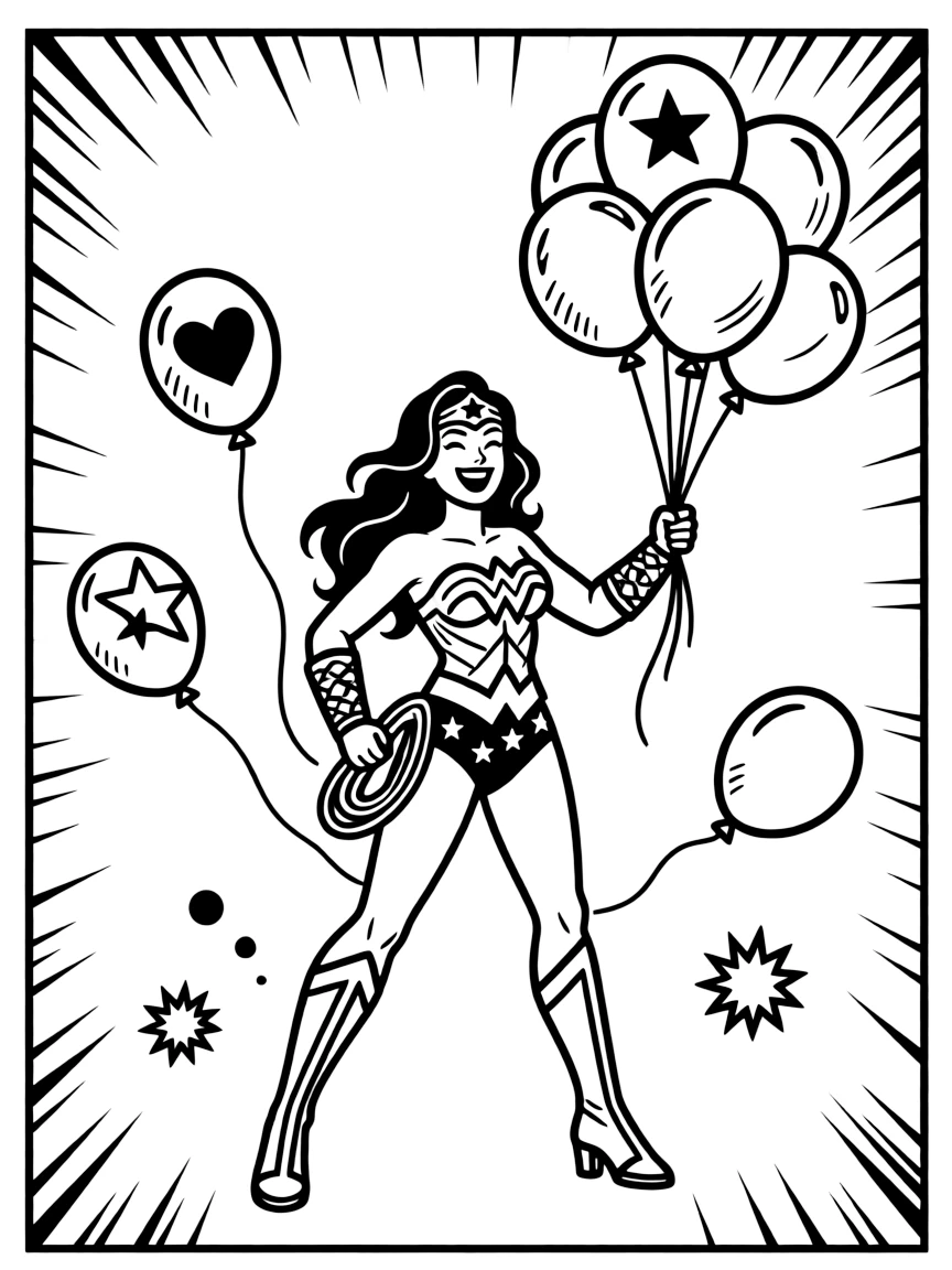 Wonder Woman playing with balloons, inside a comic book frame.