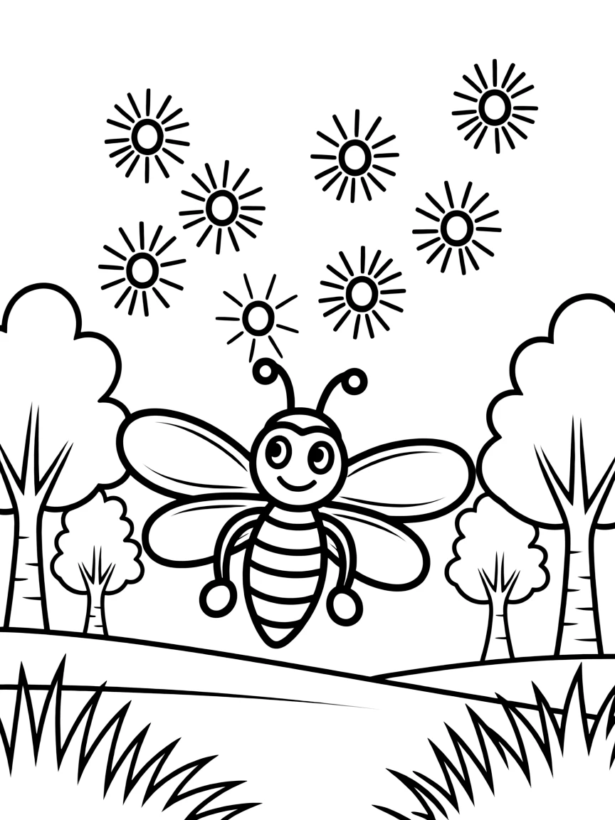 A firefly glowing in the darkness, with other fireflies creating a magical light show in a twilight scene