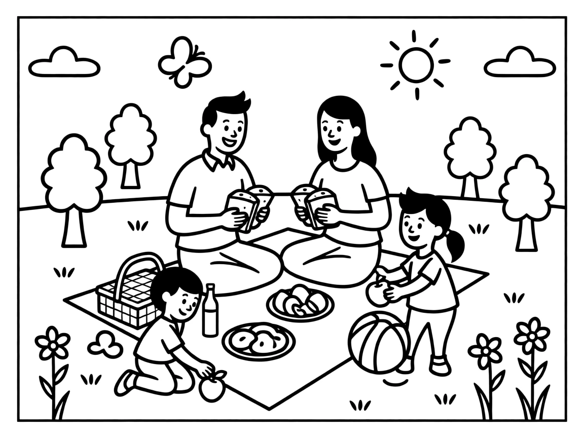 A happy family is having a picnic.