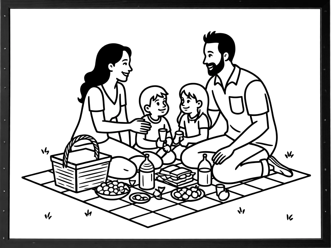 A happy family is having a picnic. leave the hair regions unfilled so user can color them to different colors.